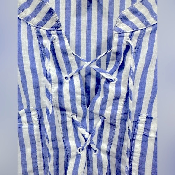 Talbots Striped Front Tie Roll Tab Sleeves Top Blouse Pullover Medium Petite - Picture 6 of 9